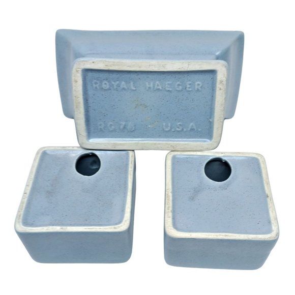 3pc Royal Haeger RG78 Light Blue Centerpiece Planter & Candleholders USA pottery - Picture 4 of 7
